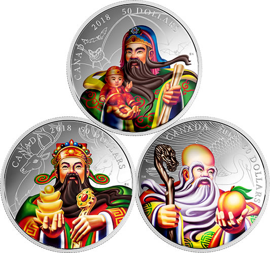 RCM-New-Release:-5-Oz.-Pure-Silver-3-Coin-Set---The-San-Xing-Gods:-Fu,-Lu,-Shou