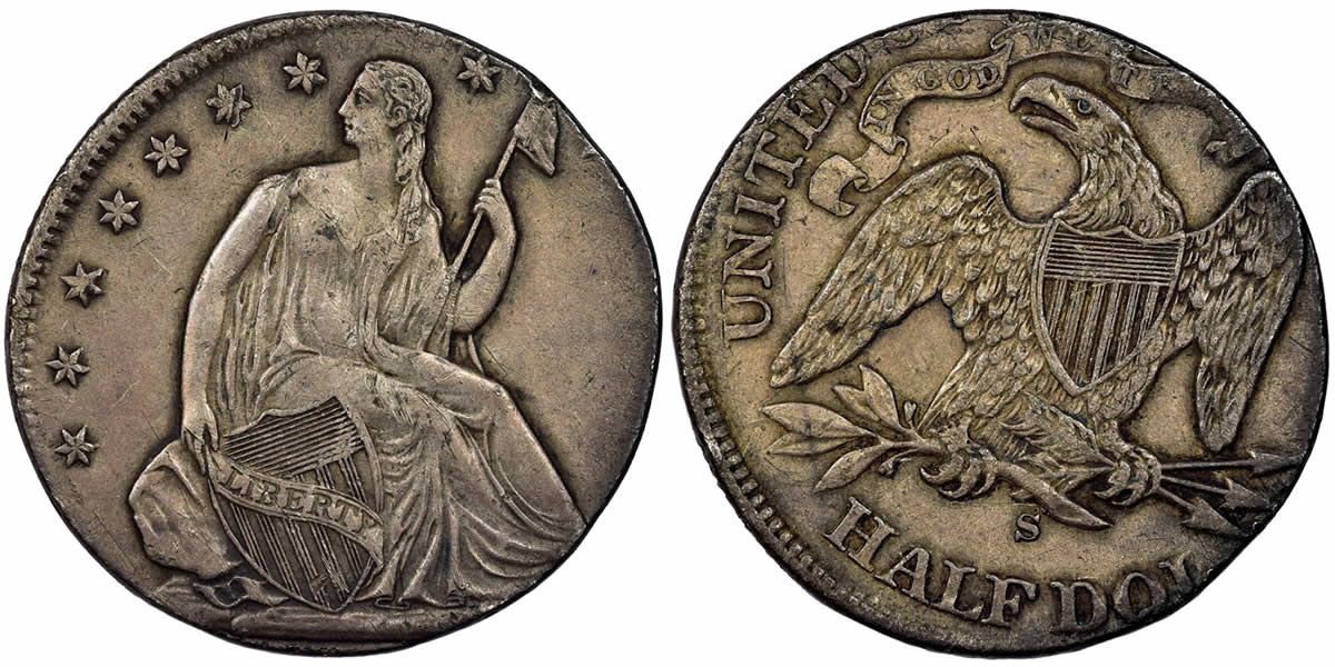 Error-Highlight:-187?s-Seated-Liberty-Half-Dollar-Struck-On-Seated-Liberty-Quarter-Error-NGC-AU-50