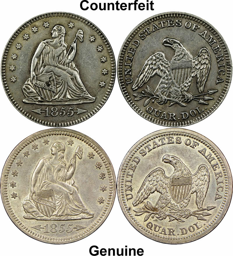 Counterfeit-Detection:-1855-Seated-Liberty-Quarter
