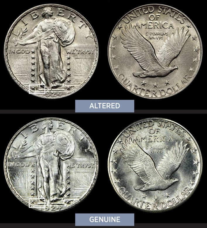 Counterfeit-Detection:-1924-S-Standing-Liberty-Quarter,-Altered-Mint-Mark
