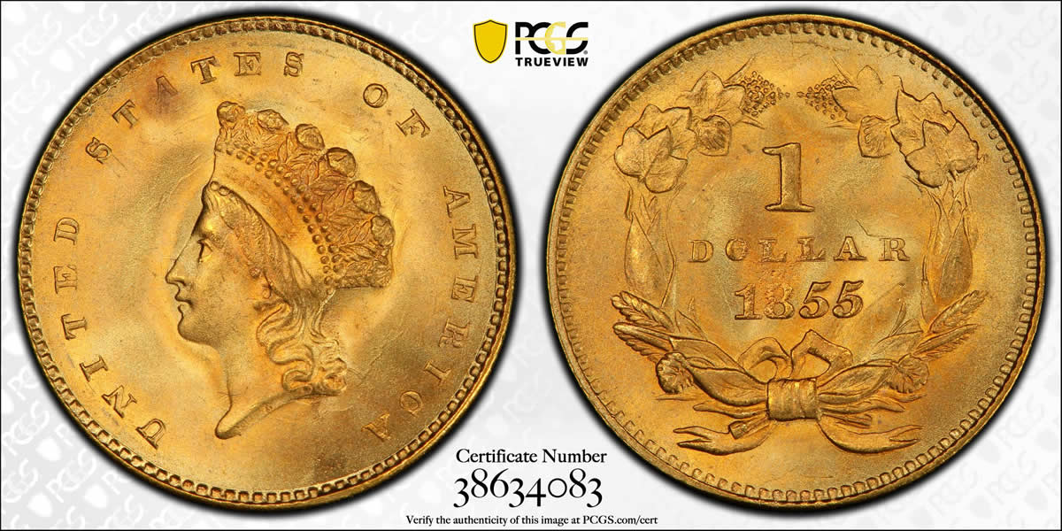 Finest-Known-Friday:-1855-Type-2-Gold-Dollar,-PCGS-MS-67+-CAC