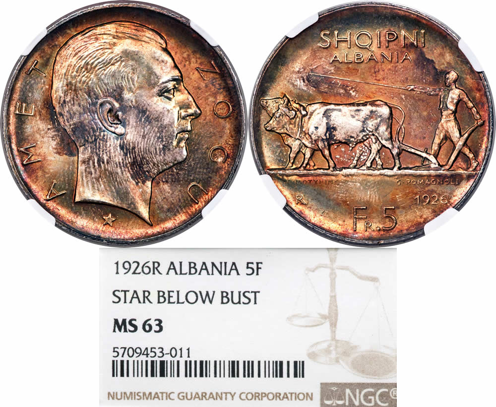 Country-Of-The-Day:-Albania,-Zog-I-Republic-5-Franga-Ari-1926-R-NGC-MS-63