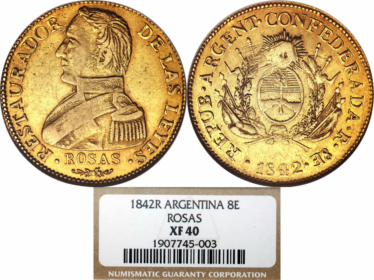 Country-Of-The-Day:-Argentina,-LA-Rioja-Gold-8-Escudos-General-Rosas-1842r