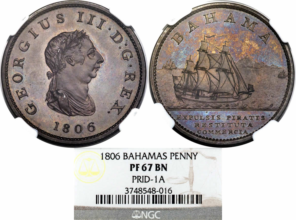 Country-Of-The-Day:-Bahamas,-1806-British-Colony-George-III-Proof-Penny-NGC-PR-67-BN