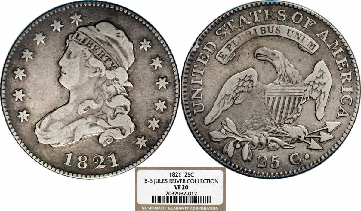 Turban-Tuesday:-1821-Capped-Bust-Quarter-NGC-VF20-Rare-B-6-Variety