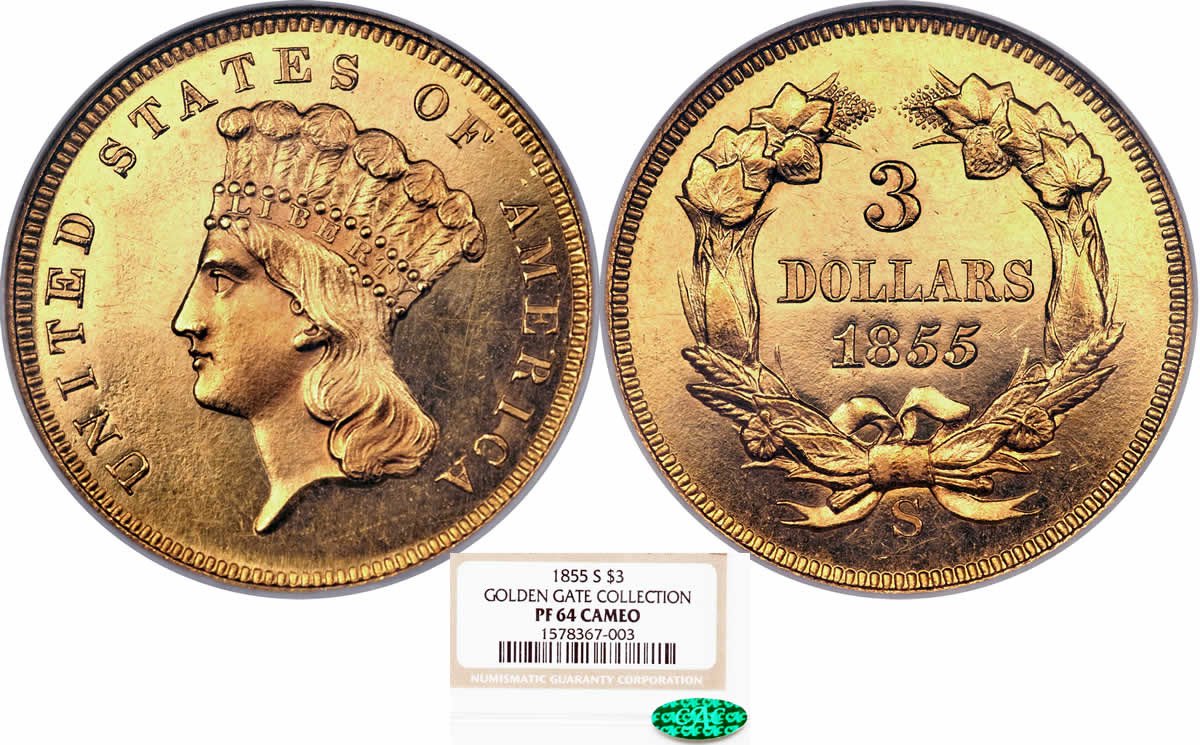 Three-Dollar-Thursday:-1855-S-Proof-Three-Dollar-Gold-Piece-NGC-PR-64-Cameo,-Unique