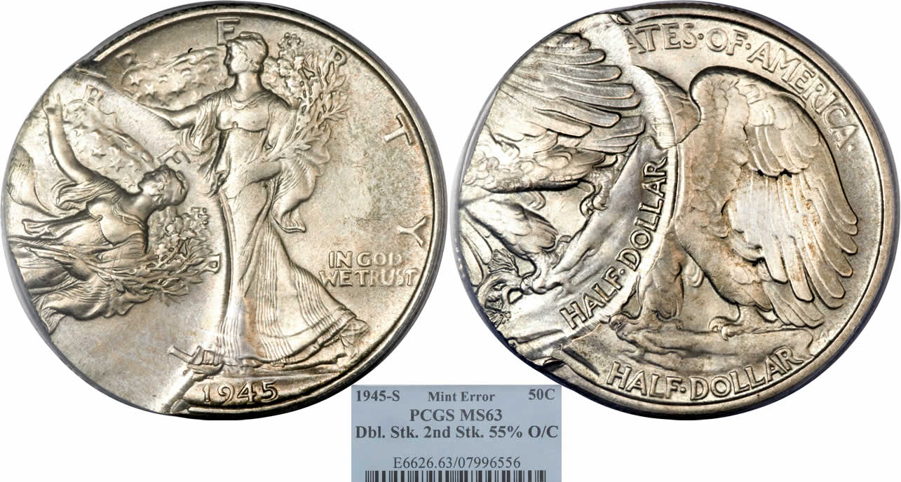 Mis-Struck-Monday:-1945-S-50c-Walking-Liberty-Half-Dollar-Double-Struck-PCGS-MS-63