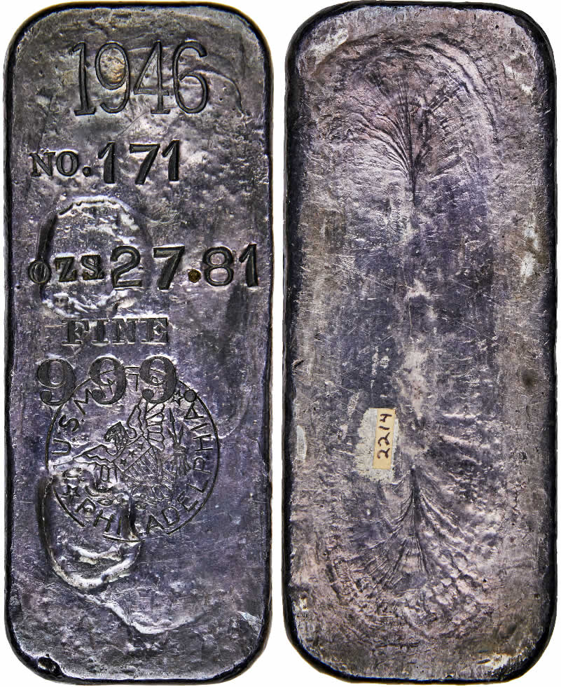 Silver-Saturday:-1946-Philadelphia-Mint-Silver-Ingot-27-Ounces-Scarce-Weight-Class,-Unusual-Stamps