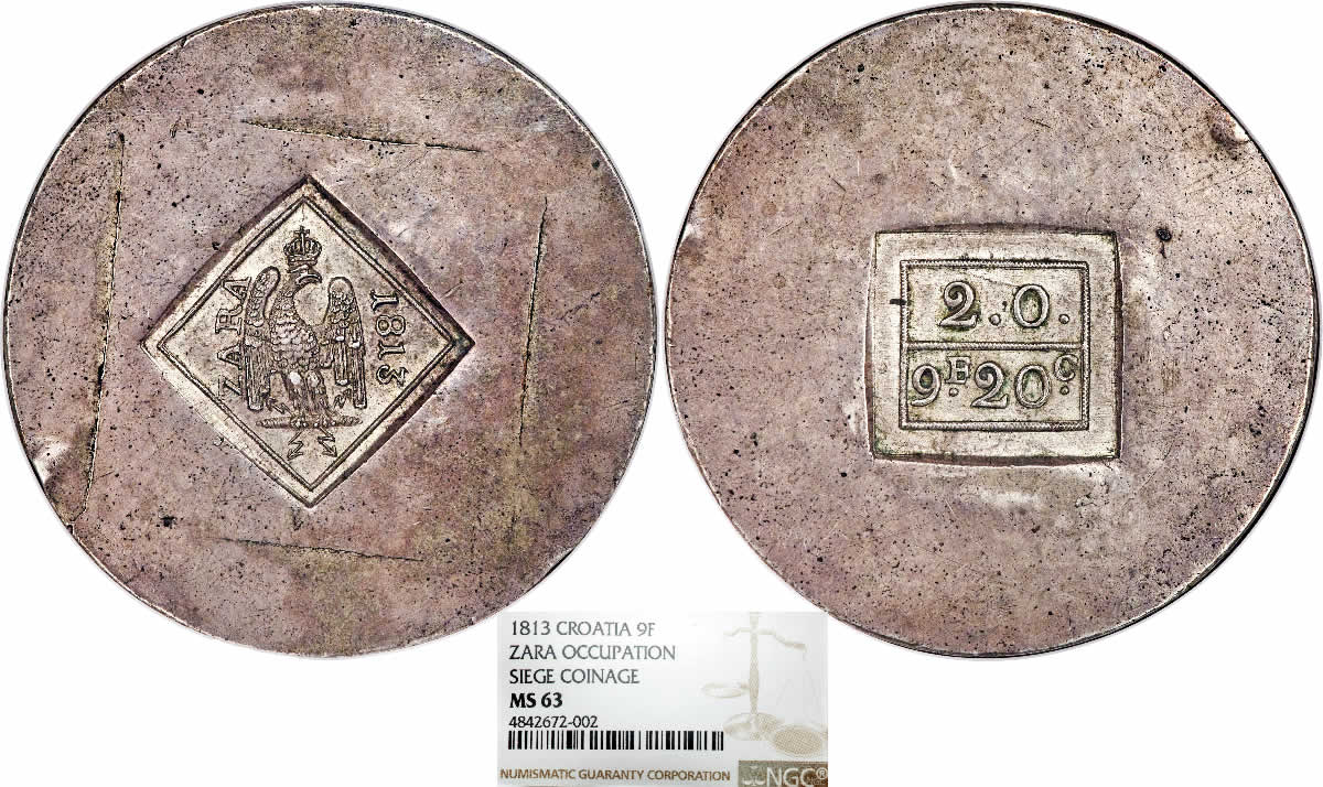 Country-Of-The-Day:-Croatia,-1813-Zara-French-Occupation-Siege-9-Francs-20-Centimes-NGC-MS-63