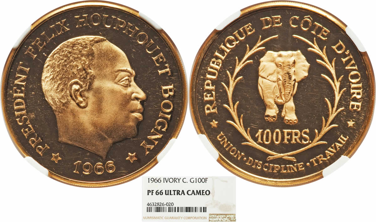 Country-Of-The-Day:-Ivory-Coast-Côte-D'ivoire,-1966-Proof-Replublic-Gold-100-Francs-NGC-PF66-UC