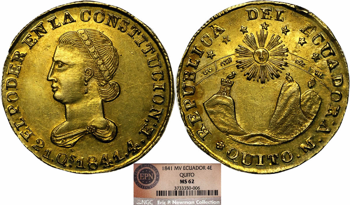 Country-Of-The-Day:-Ecuador,-1841-Mv-A-Republic-4-Escudos-NGC-MS-62