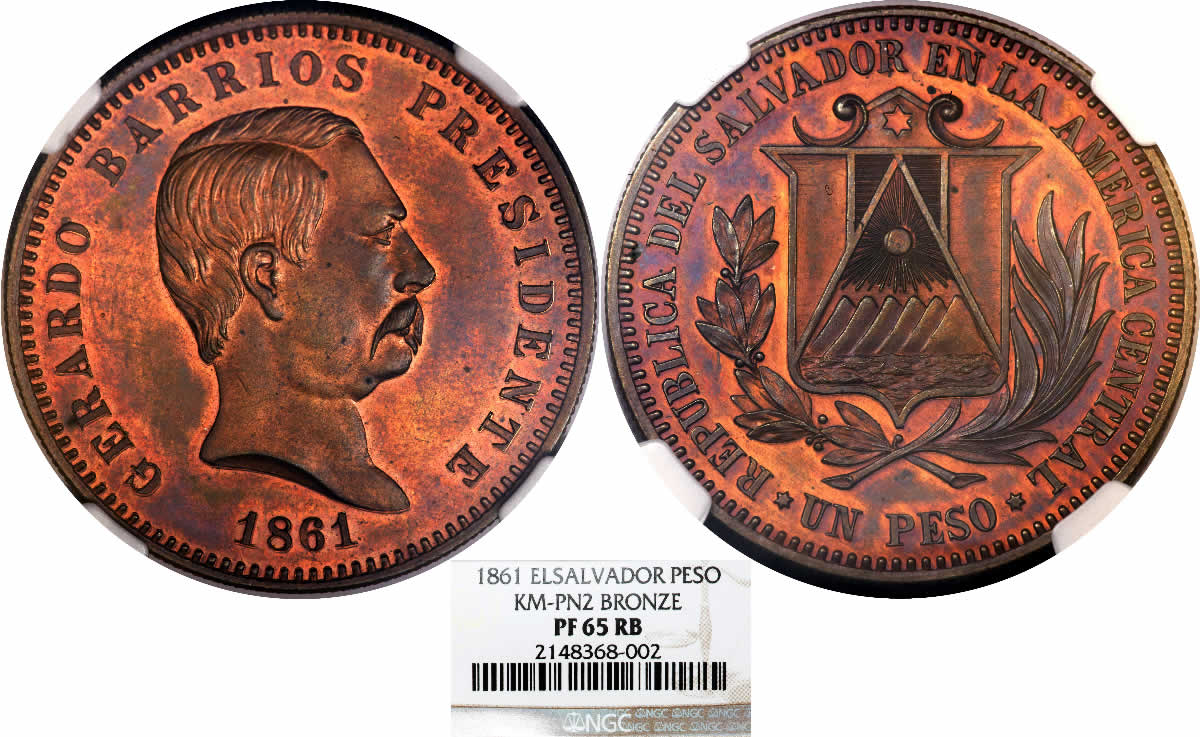 Country-Of-The-Day:-El-Salvador,-1861-Republic-Copper-Pattern-Peso-NGC-PF65RB