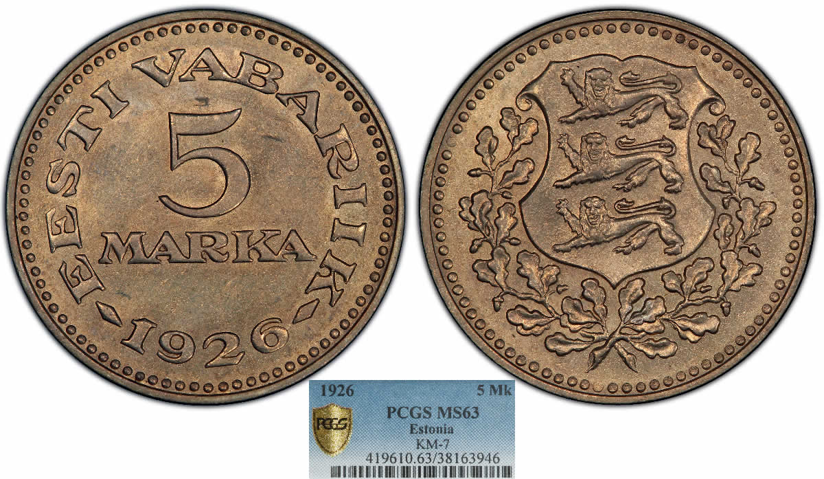 Country-Of-The-Day:-Estonia,-1926-Republic-5-Marka-PCGS-MS-63
