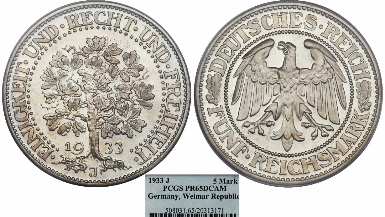 Country-Of-The-Day:-Germany,-1933-J-Weimar-Republic-Proof-Oak-Tree-5-Mark-PCGS-PR-65-Deep-Cameo