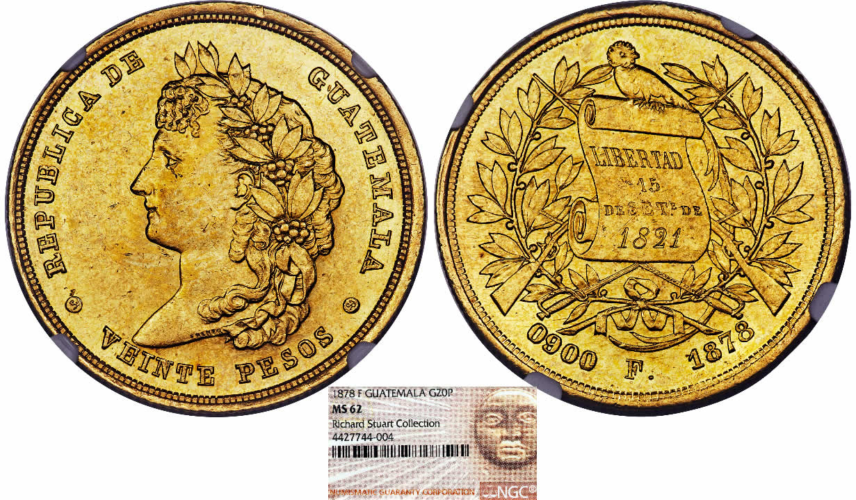 Country-Of-The-Day:-Guatemala,-1878-F-Republic-Gold-20-Pesos-NGC-MS-62