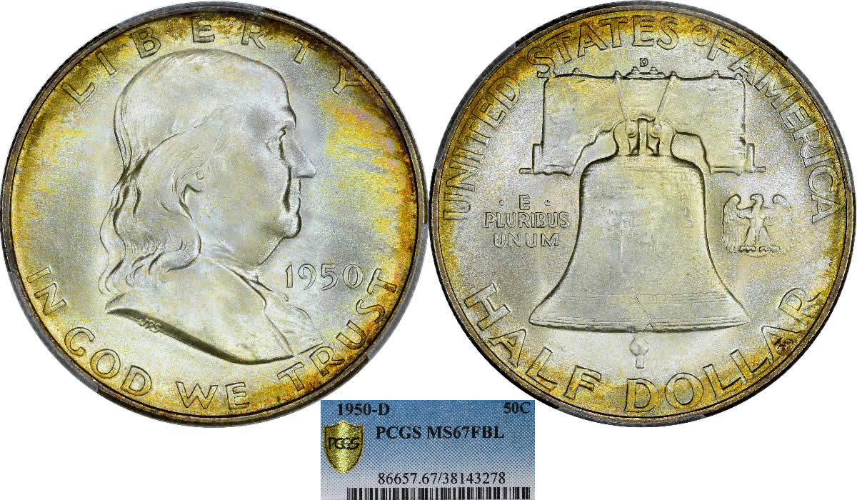 Franklin-Friday:-1950-D-Franklin-Half-Dollar-PCGS-MS-67-Full-Bell-Lines