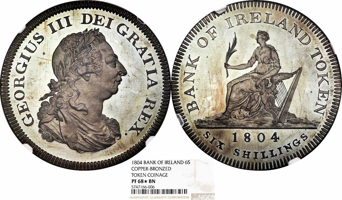 Country-Of-The-Day:-Ireland,-1804-George-III-Bronzed-Copper-Proof-Bank-Token-Of-6-Shillings-NGC-PF68