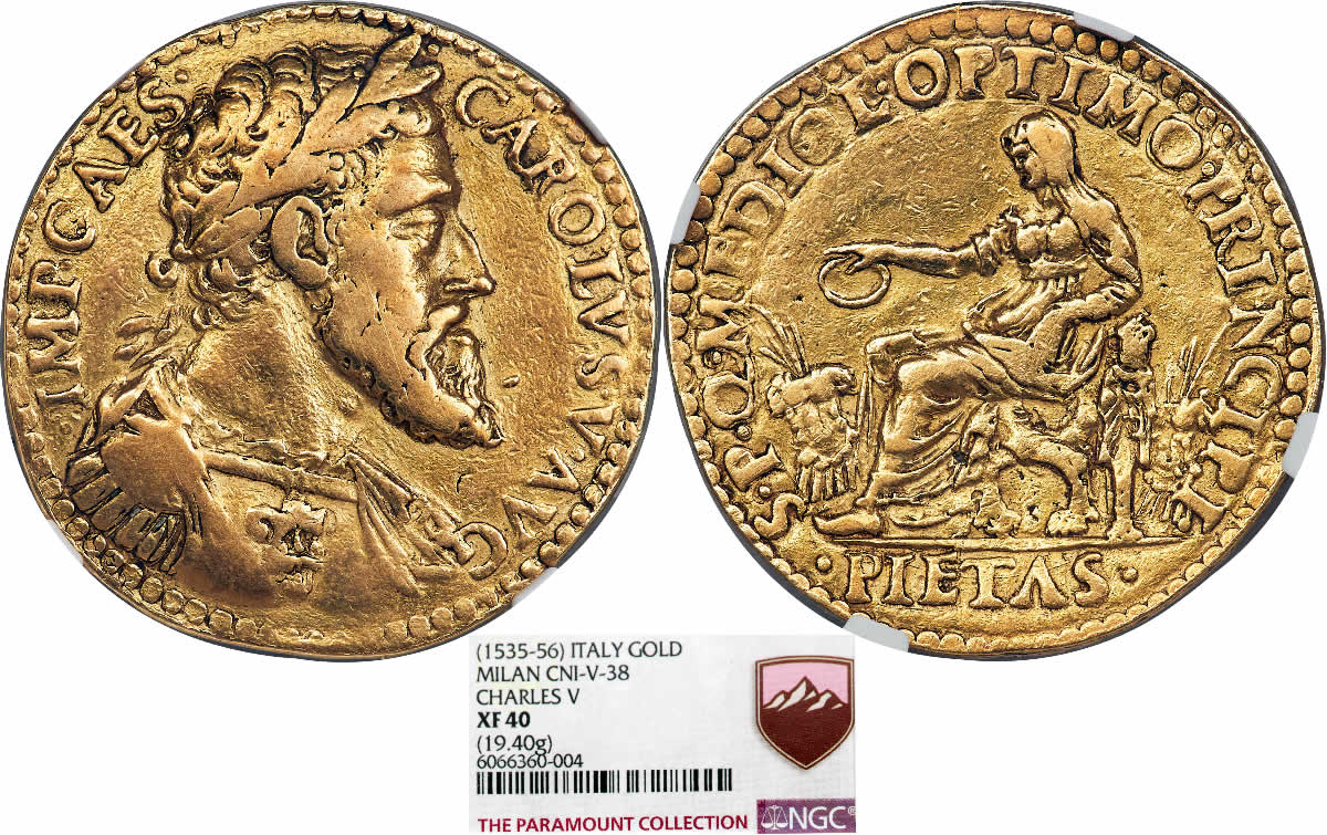 Country-Of-The-Day:-Italy,-Unique-Charles-V-Gold-Medallic-Testone-D'oro-Della-Pieta-ND-NGC-XF40