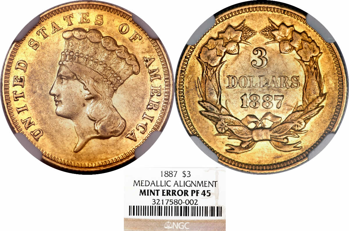 Three-Dollar-Thursday:-1887-Three-Dollar-Gold-Piece-Medallic-Alignment-NGC-PF45