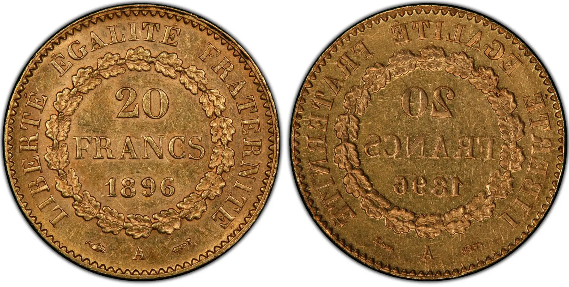 Error-Hightlight:-1896-A-20-Francs-Gold-Full-Mirror-Brockage-Mint-Error-In-Paris