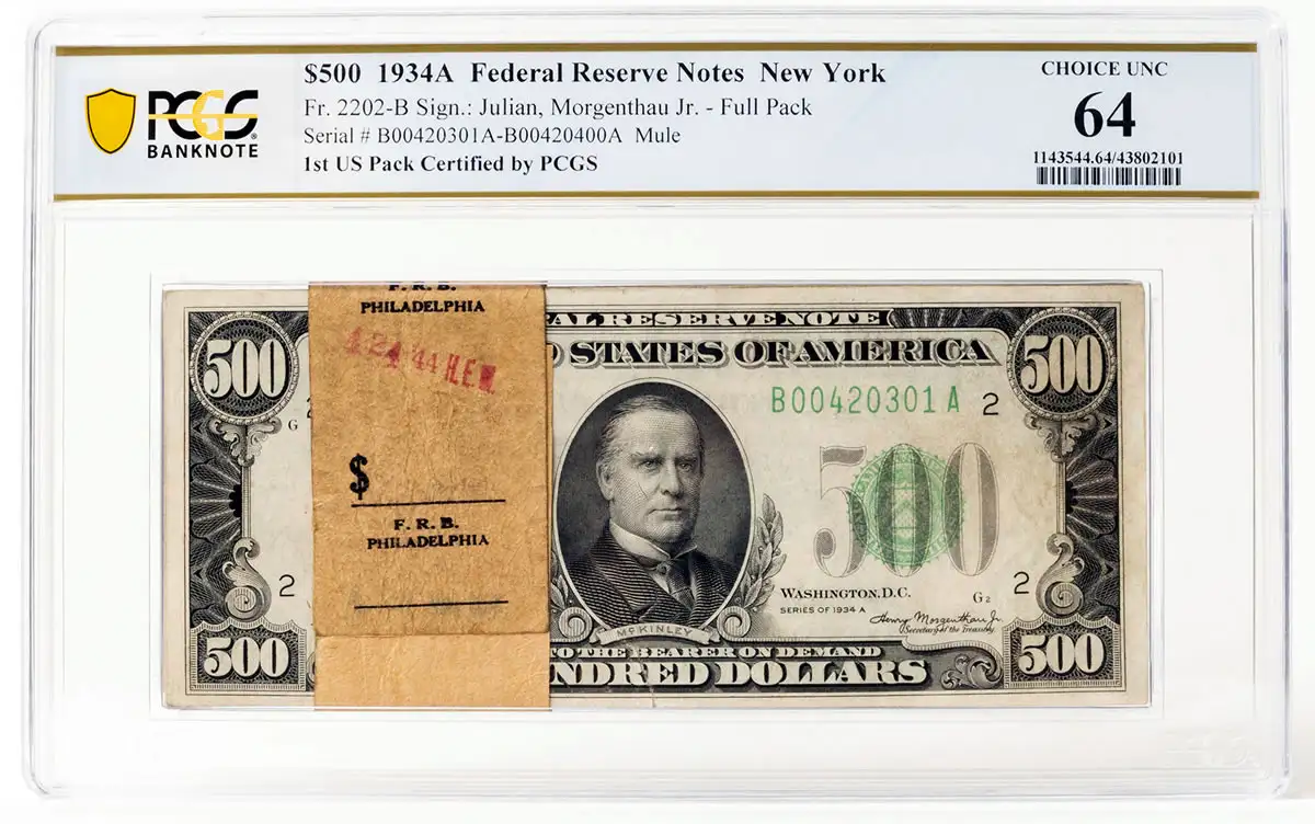 100-Note-Pack-Of-Series-1934A-$500-Notes-Is-First-Banknote-Pack-Graded-Under-New-PCGS-Service