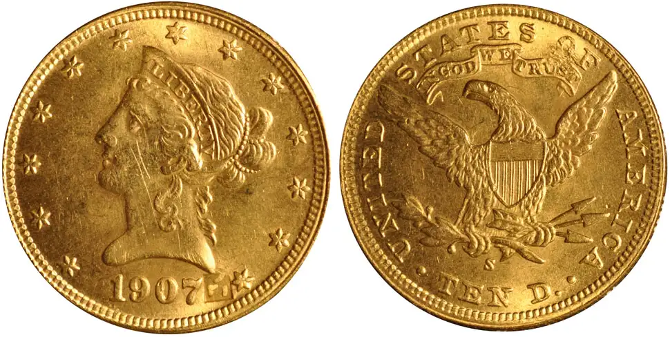 Counterfeit-Detection:-1907-S-Eagle-$10-Gold,-Arabic-Punched