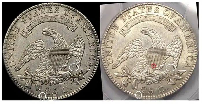 Counterfeit-Detection:-1818-Capped-Bust-Quarter-Counterfeits-In-TPG-Holders