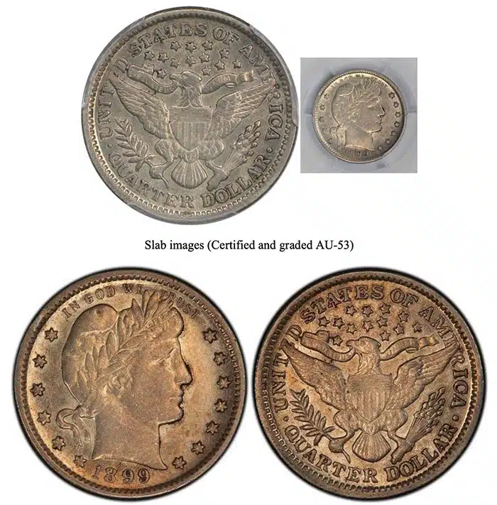 Counterfeit-Detection:-1899-Barber-Quarter-Doubled-Die-Reverse-/-DDR