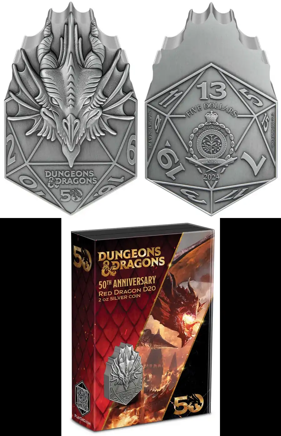 Perth-Mint:-Dungeons-&-Dragons-50th-Anniversary-2024-Red-Dragon-D20-2oz-Silver-Antiqued-Coin