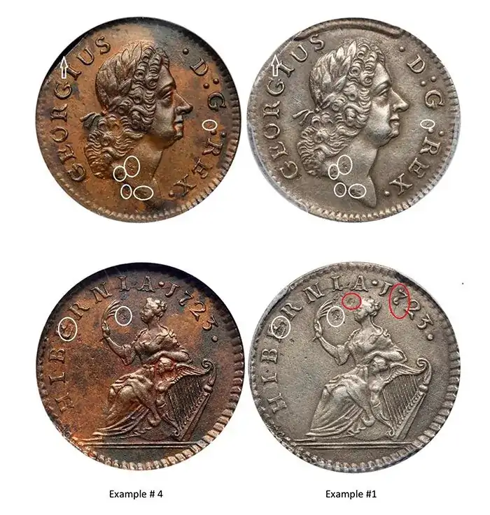 Counterfeit-Detection:-1723-Silver-D:g-Rex-Hibernia-Struck-Counterfeit