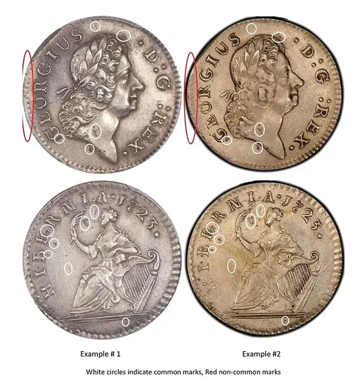 Counterfeit-Detection:-1723-Silver-D:g-Rex-Hibernia-Struck-Counterfeit