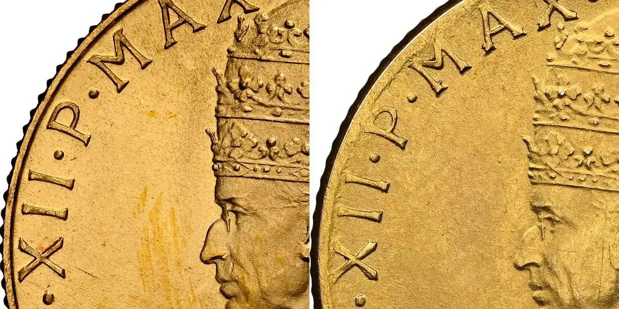 Counterfeit-Detection:-1950-Vatican-City-Gold-100-Lire,-Pope-Pius-XII