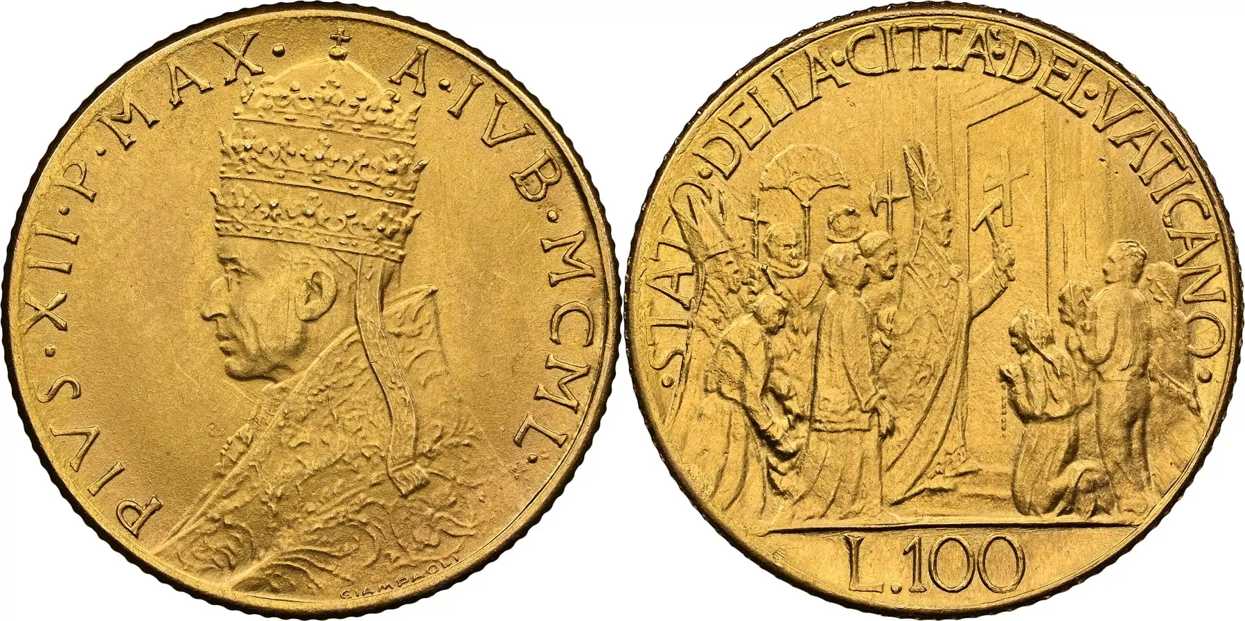 Counterfeit-Detection:-1950-Vatican-City-Gold-100-Lire,-Pope-Pius-XII