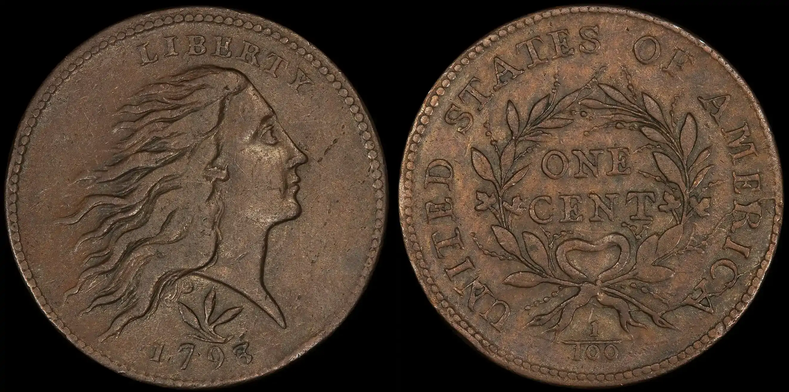1793-Wreath-Cent-With-Vines-And-Bars,-PCGS-XF-40