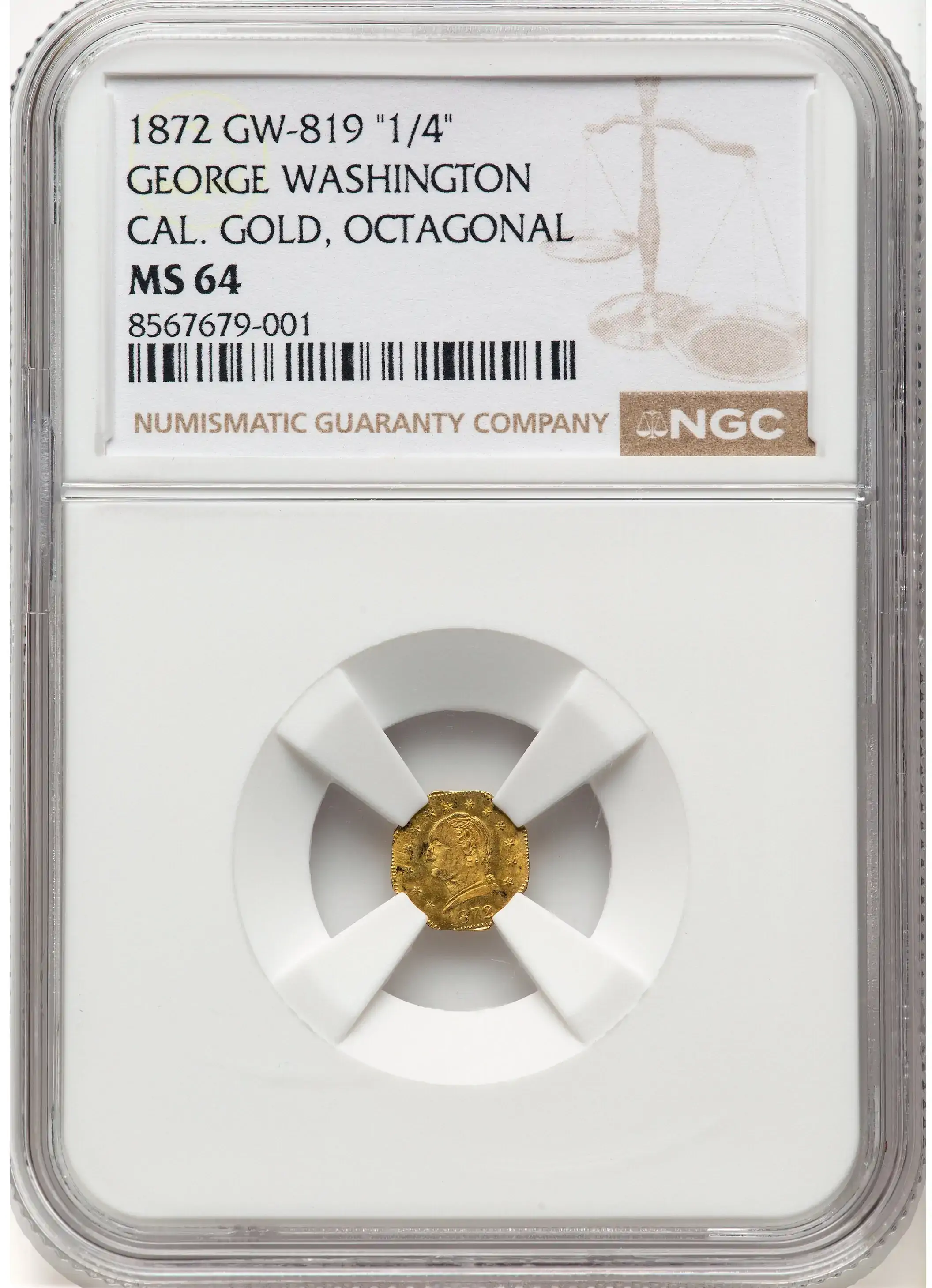 Token-Tuesday:-1872-George-Washington-1/4-California-Gold,-Octagonal-NGC-MS-64
