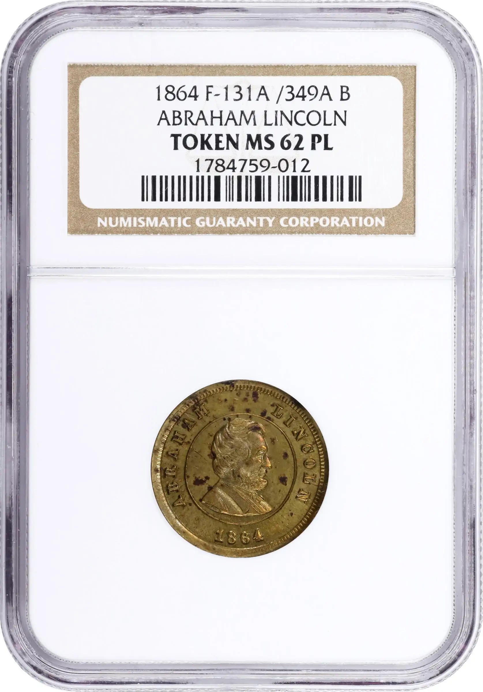 1864-Lincoln-Portrait-Token,-NGC-MS-62-Pl.-Drums,-Rifles,-Cannons,-Flags.-Fuld-131A/349A