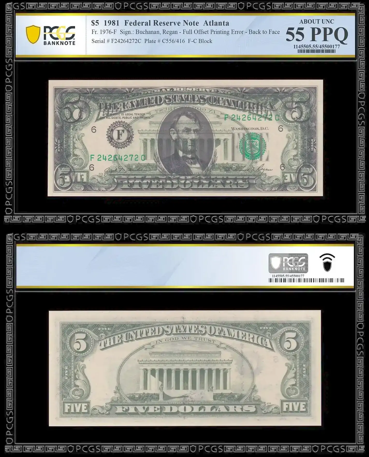 1981-$5-Federal-Reserve-Note-Atlanta-Full-Offset-Printing-Error-PCGS-55PPQ