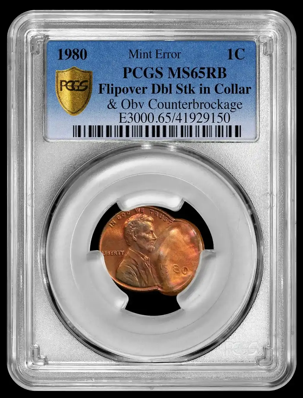 1980-Lincoln-Cent-Flipover-Double-Strike-In-Collar-With-Obverse-Counterbrockage-PCGS-MS-65RB