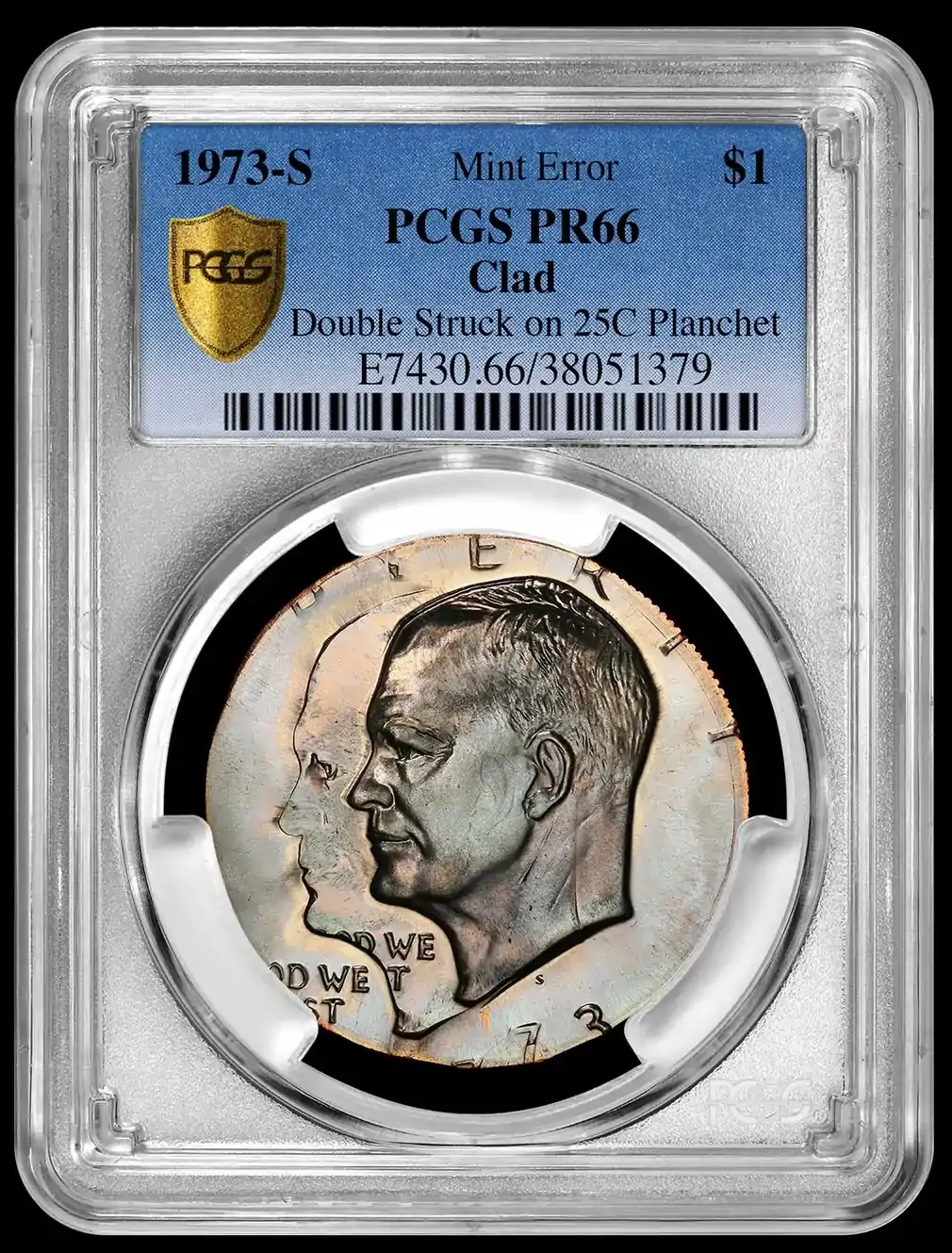1973-S-Eisenhower-Dollar-Double-Struck-On-A-Quarter-Planchet-PCGS-PR-66