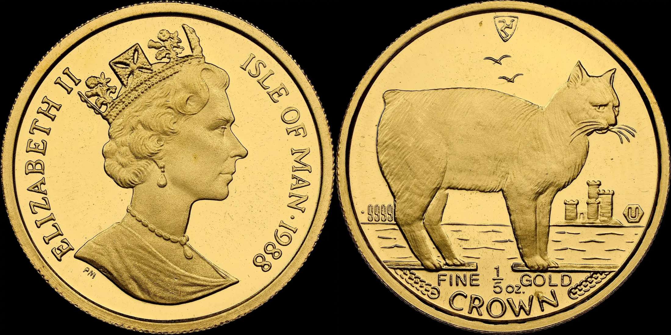 Isle-Of-Man-1988-Pm-Gold-1/5-Crown---Manx-Cat-For-International-Cat-Day