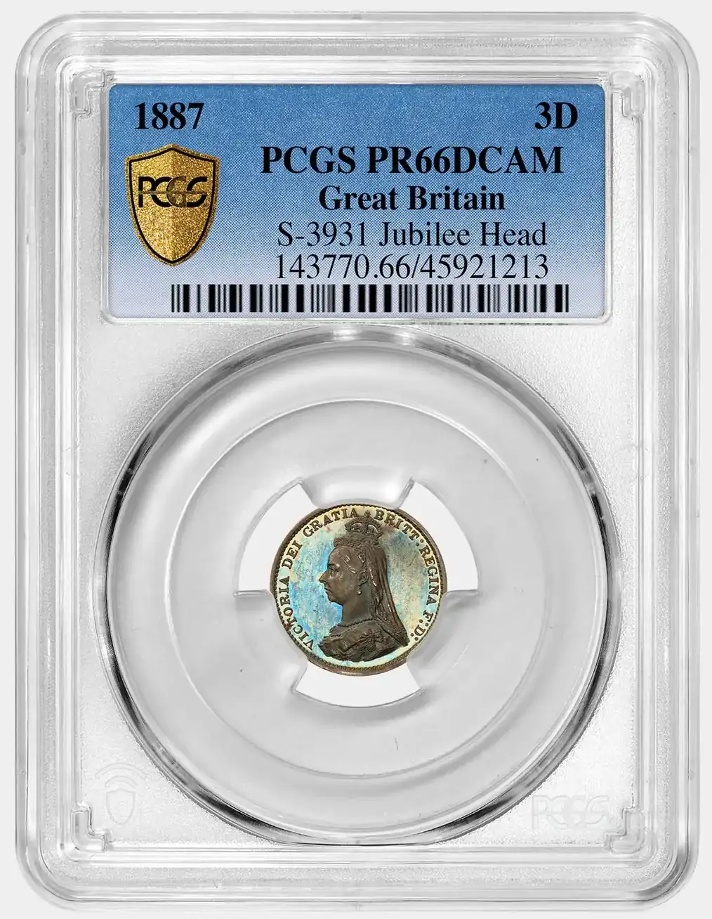 Toner-Tuesday:-1887-Great-Britain-3-Pence-S-3931-Jubilee-Head-PCGS-PR-66-DCAM