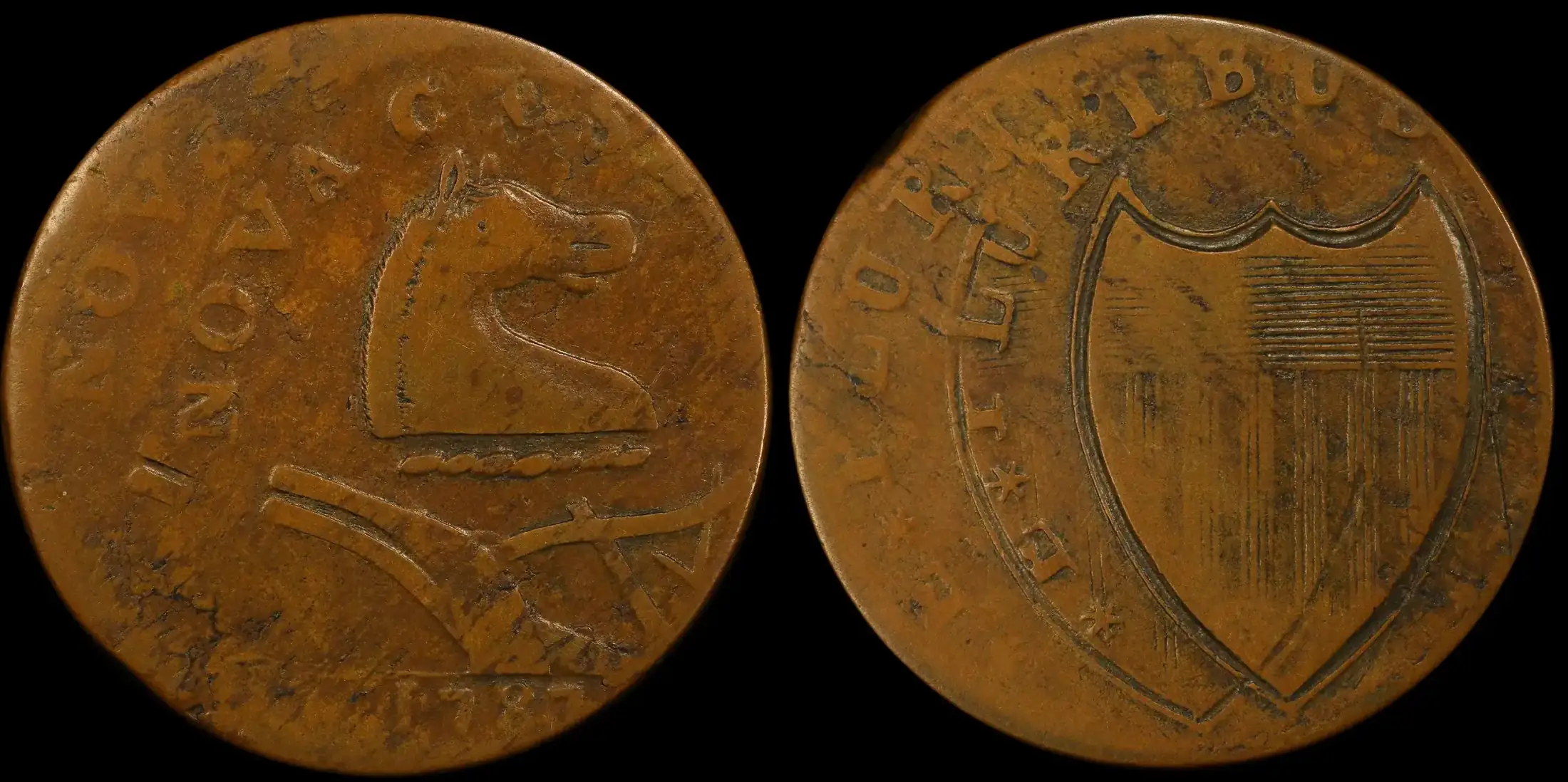 1787-New-Jersey-Halfpenny,-Double-Struck,-Second-Strike-Off-Center-PCGS-VF20
