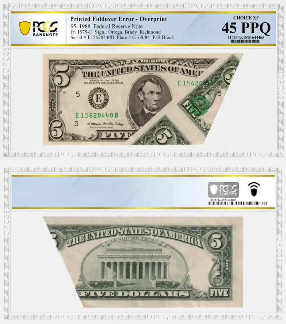 1988-$5-Federal-Reserve-Note-Printed-Foldover-Overprint-Error-PCGS-Choice-XF-45PPQ