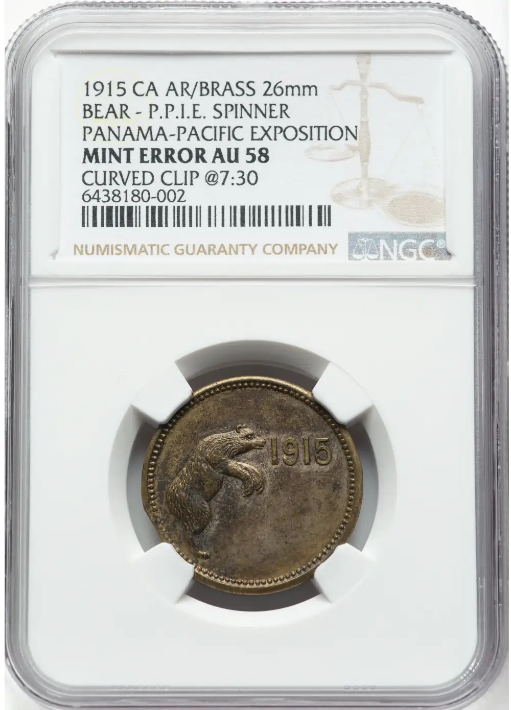 1915-Panama-Pacific-Exposition-Brass-Bear-Ppie-Spinner-With-A-Curved-Clip