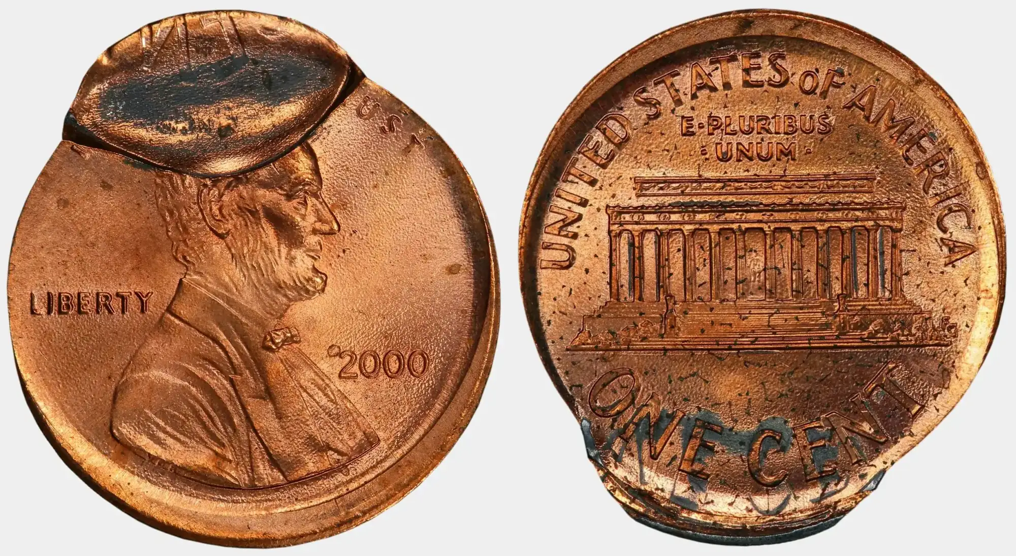 2000-Lincoln-Cent-Mated-Pair,-2nd-Strike-Indented-On-2nd,-1-St-Brockaged-By-Double-Strike-PCGS-MS-64RD