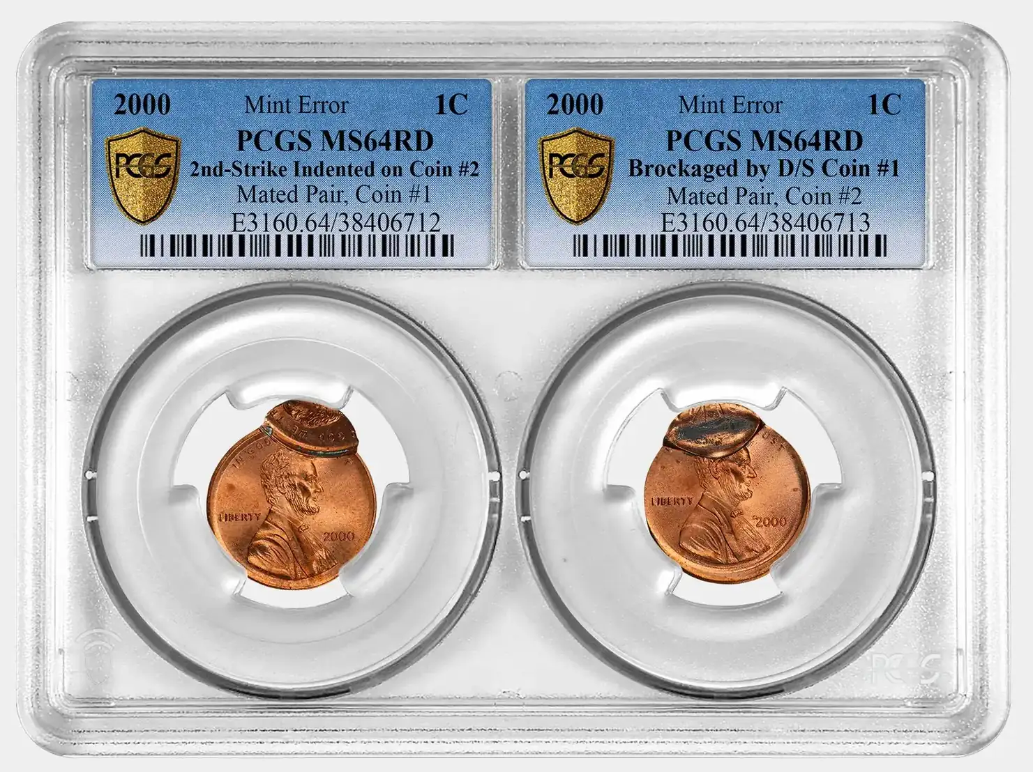 2000-Lincoln-Cent-Mated-Pair,-2nd-Strike-Indented-On-2nd,-1-St-Brockaged-By-Double-Strike-PCGS-MS-64RD