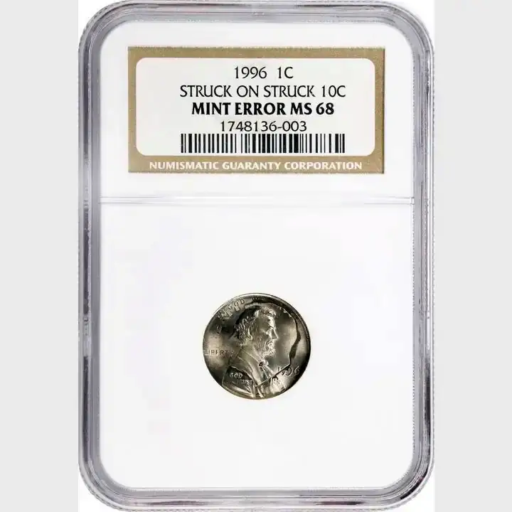 1996-Lincoln-Memorial-Cent-Struck-On-Already-Struck-Roosevelt-Dime-NGC-MS-68