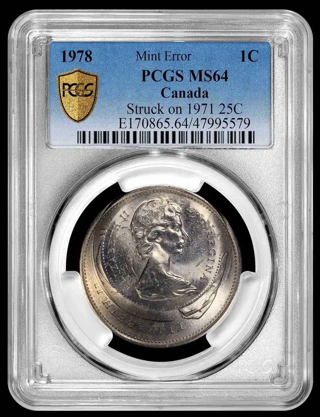 1978-Canadian-Cent-Struck-On-1971-Canadian-Quarter-PCGS-MS-64