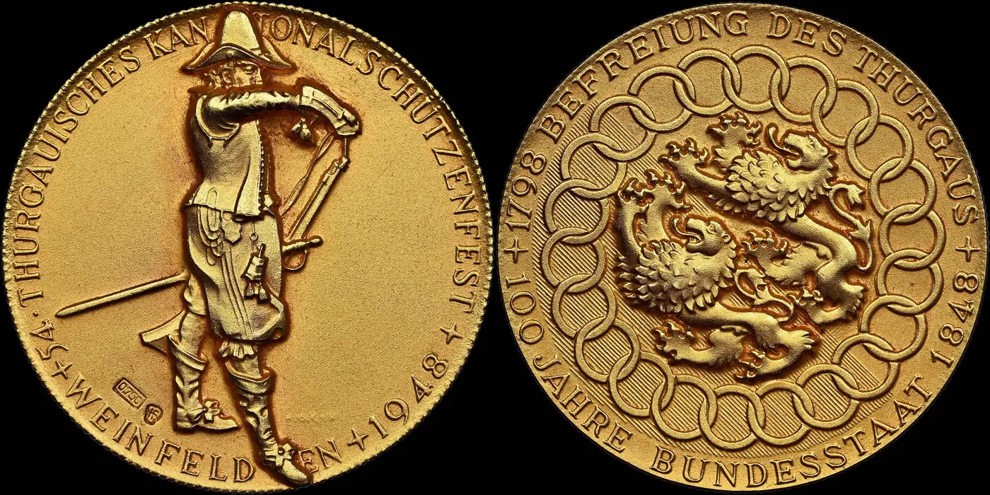 1948-Gold-Swiss-Shooting-Festival-Medal-NGC-MS-67-Thurgau---Weingelden