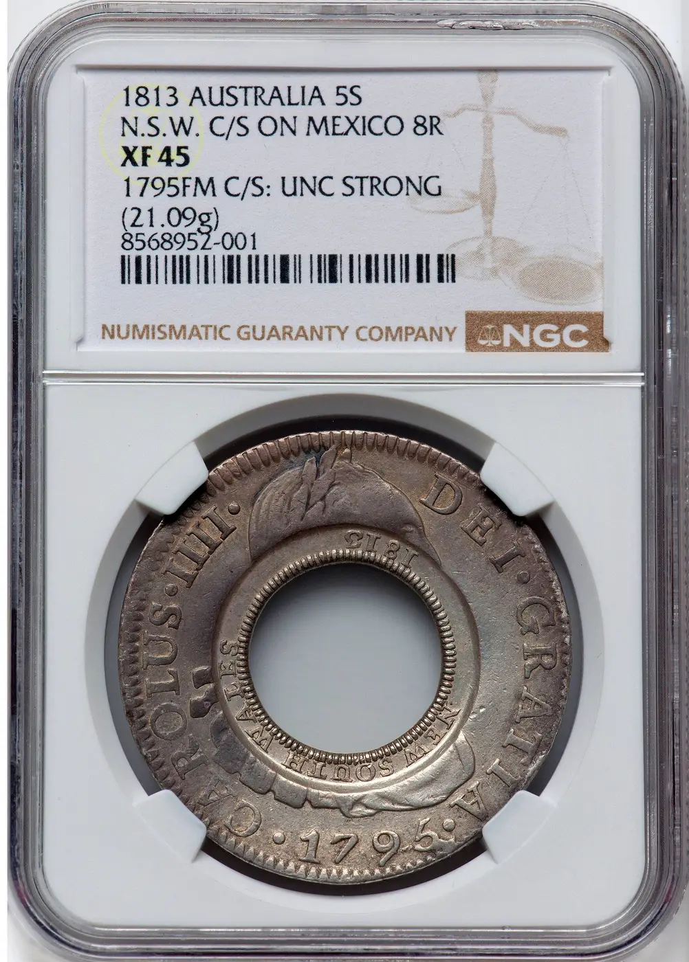 Australia-1813-5-Shillings-Struck-Over-A-Mexico-1795-8-Reales-With-Its-Center-Removed